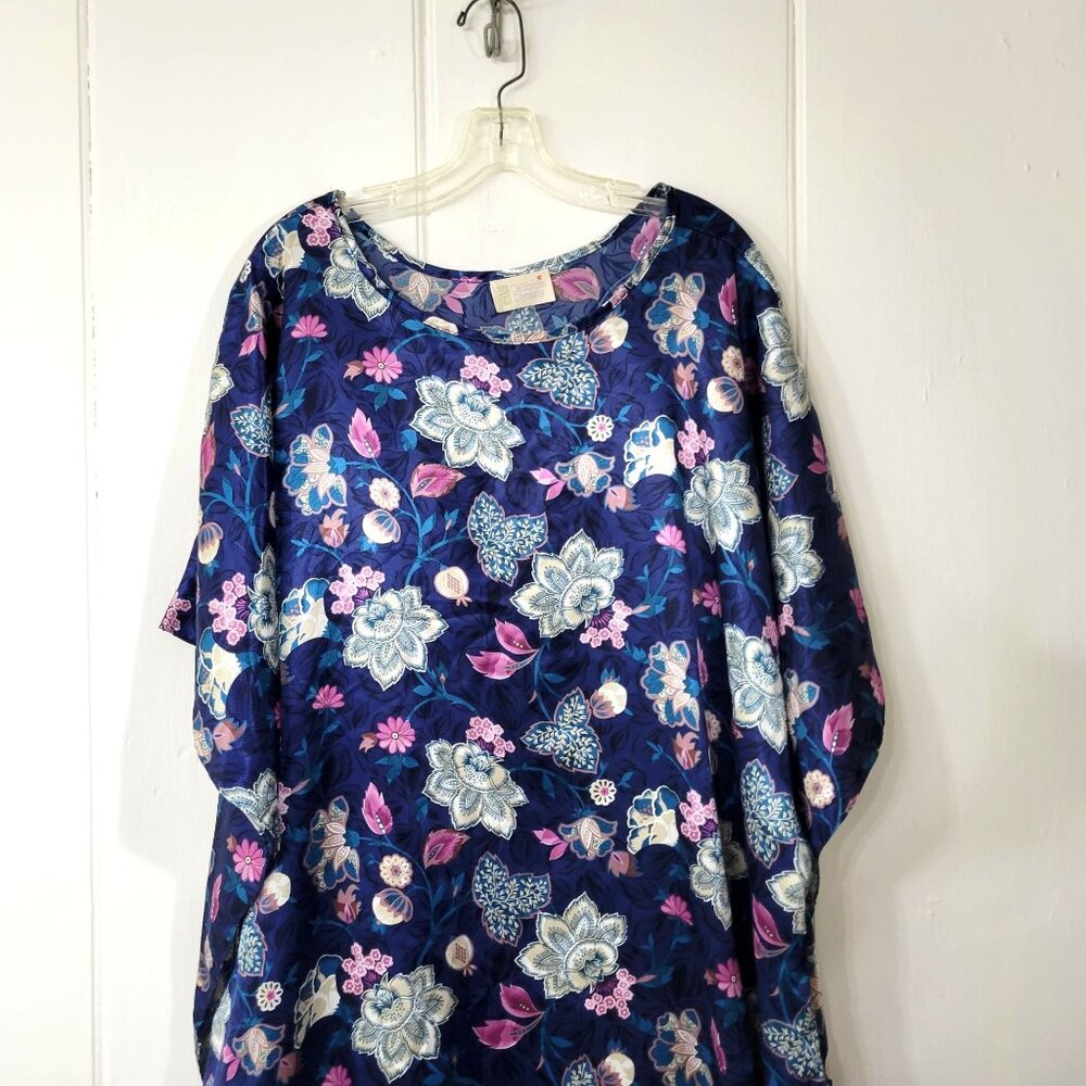California Dynasty Blue Satin Floral Caftan Loungewear - Picture 2 of 5